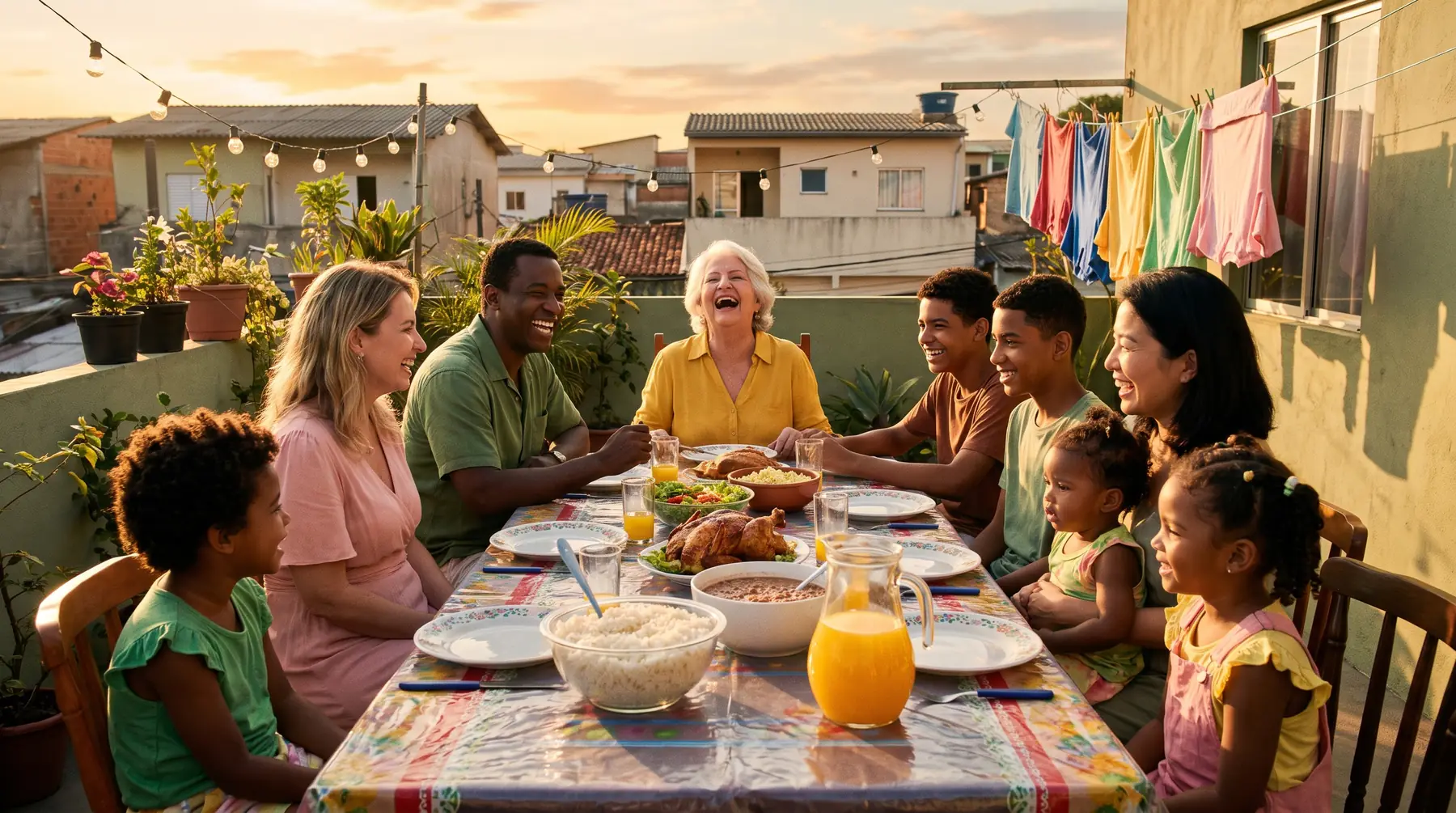 Família grande e misturada almoçando na laje no fim da tarde, com a avó rindo na cabeceira