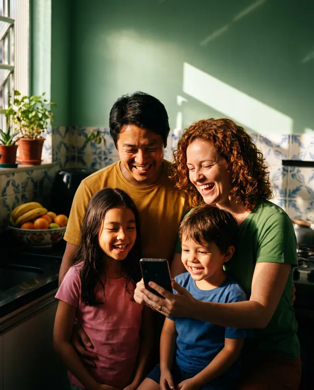 Pai, mãe e os dois filhos na cozinha, rindo juntos do celular