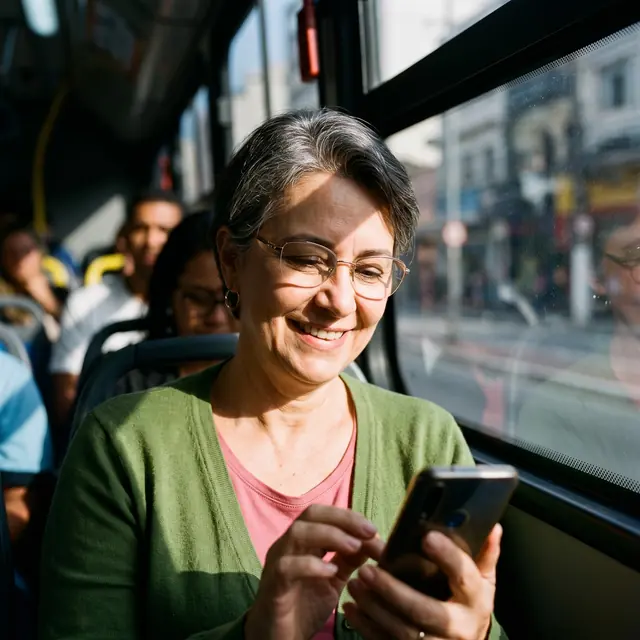 Senhora de óculos sorrindo pro celular na janela do ônibus