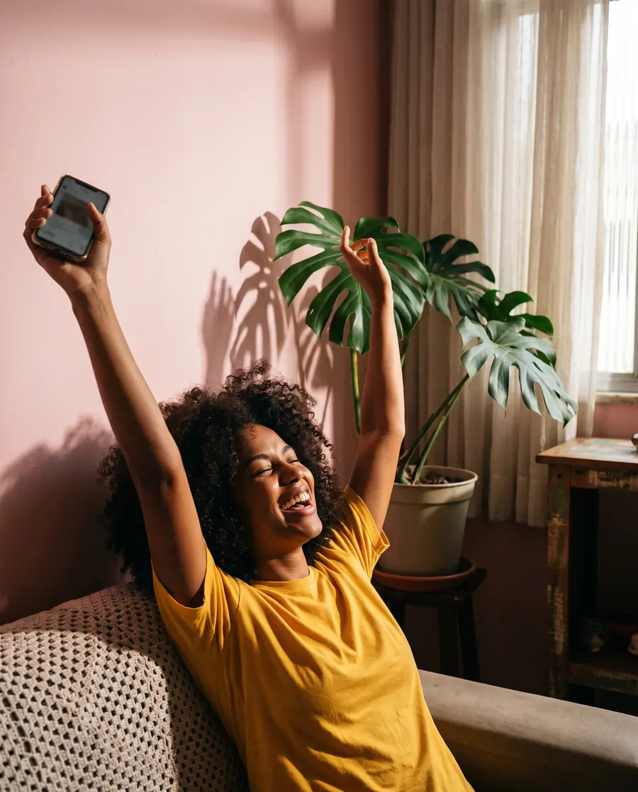Moça na sala de casa, de camiseta amarela, comemorando de braços pra cima com o celular na mão
